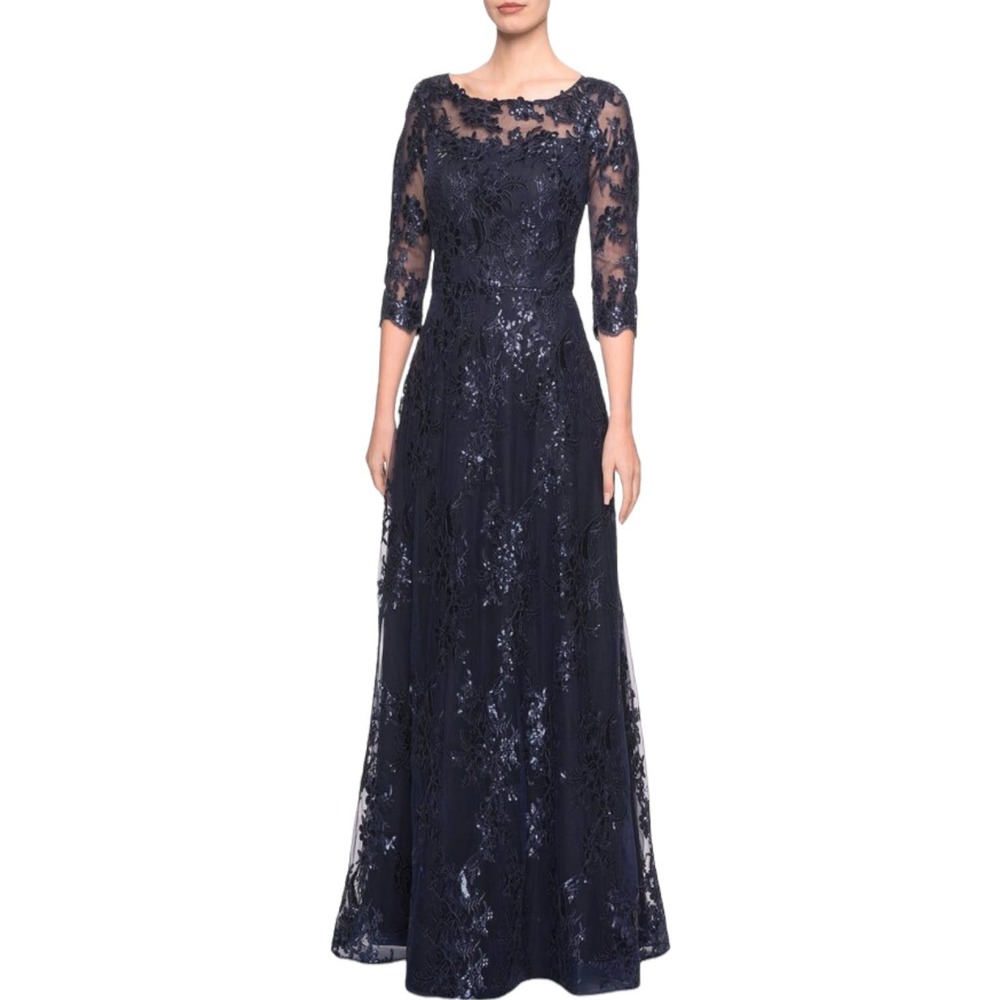 La Femme Navy Bateau Neck Shimmering Sequin Lace Floor Length A-Line Gown